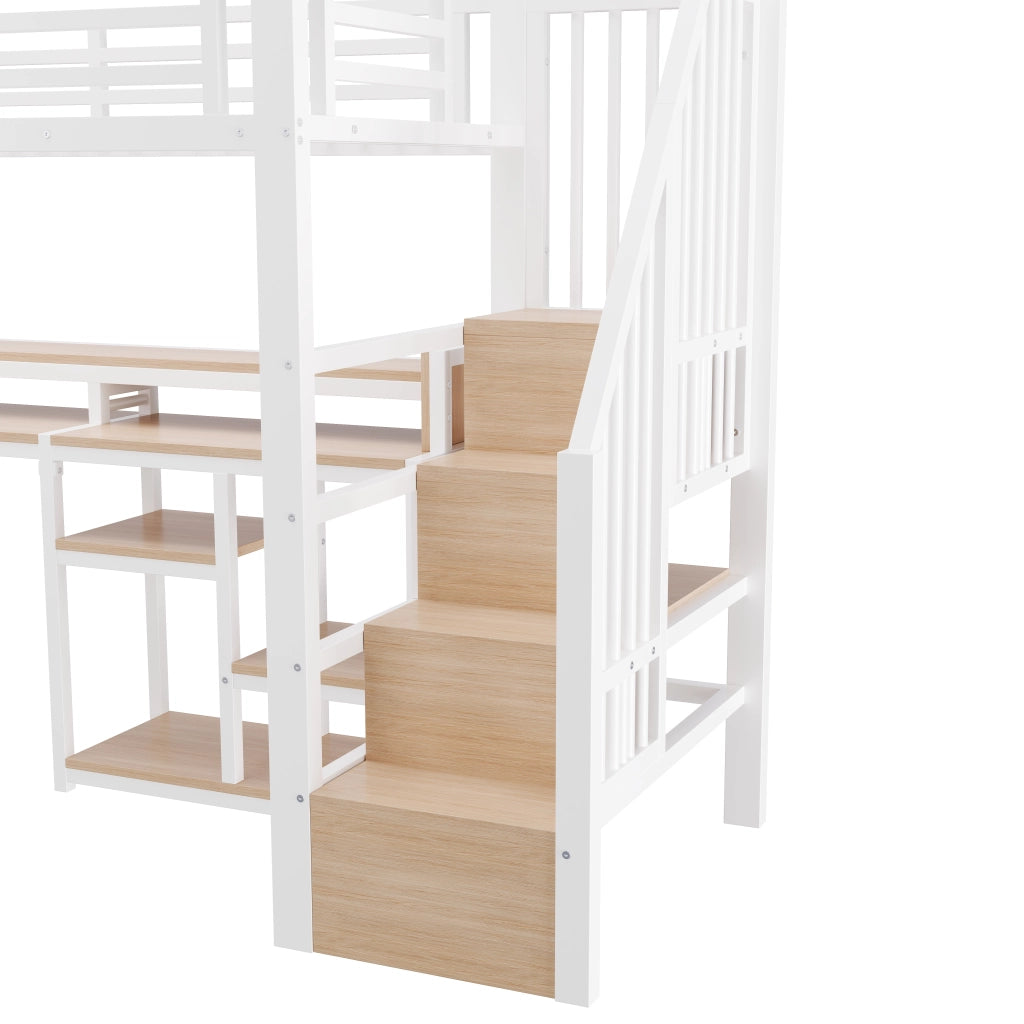 Letto a soppalco singolo 90×200 cm con scala a ripiani; USB; Type-C e LED; senza materasso; metallo e MDF; bianco