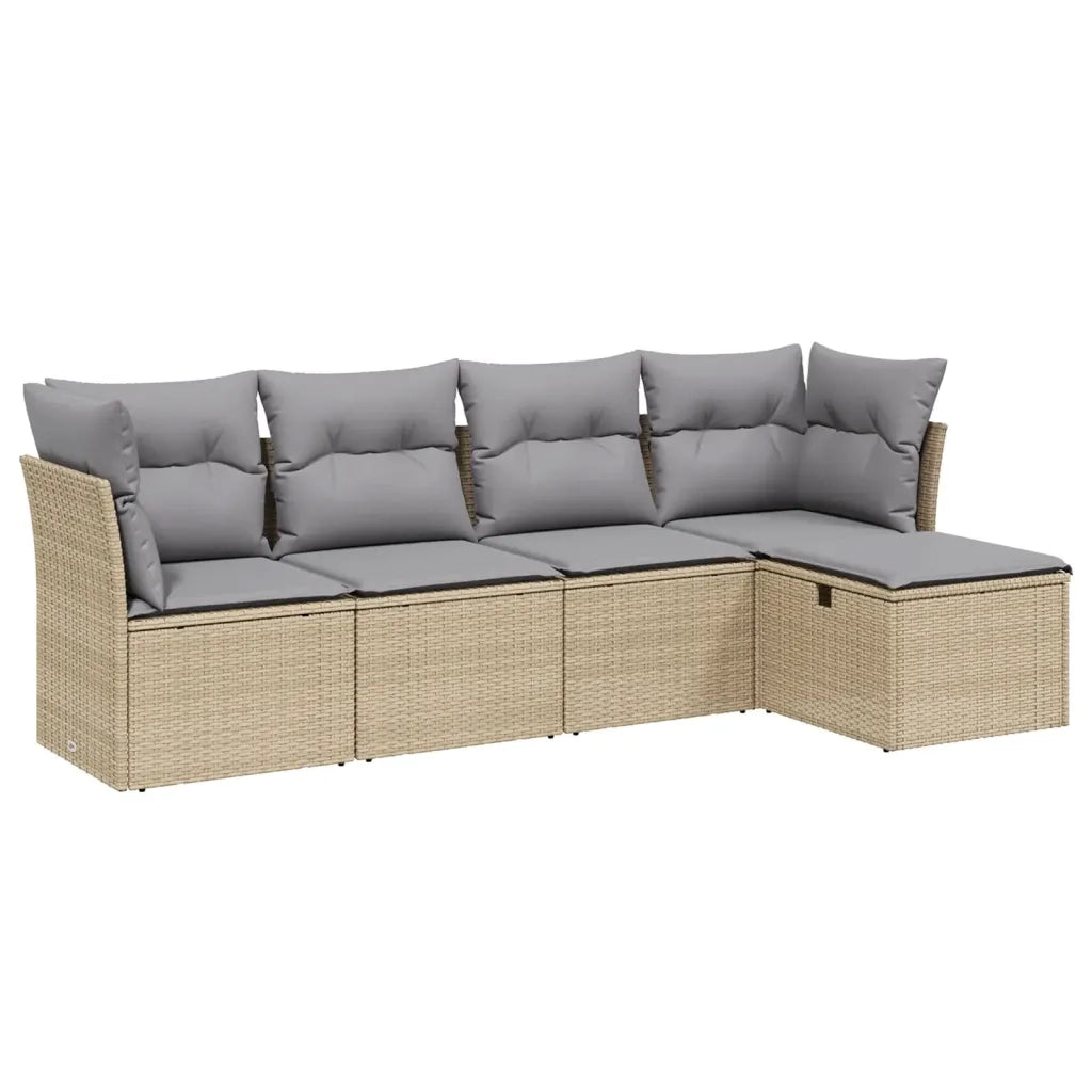 Set Divano da Giardino 5 pz | Set Salotto da Giardino con Cuscini Beige Misto Polyrattan