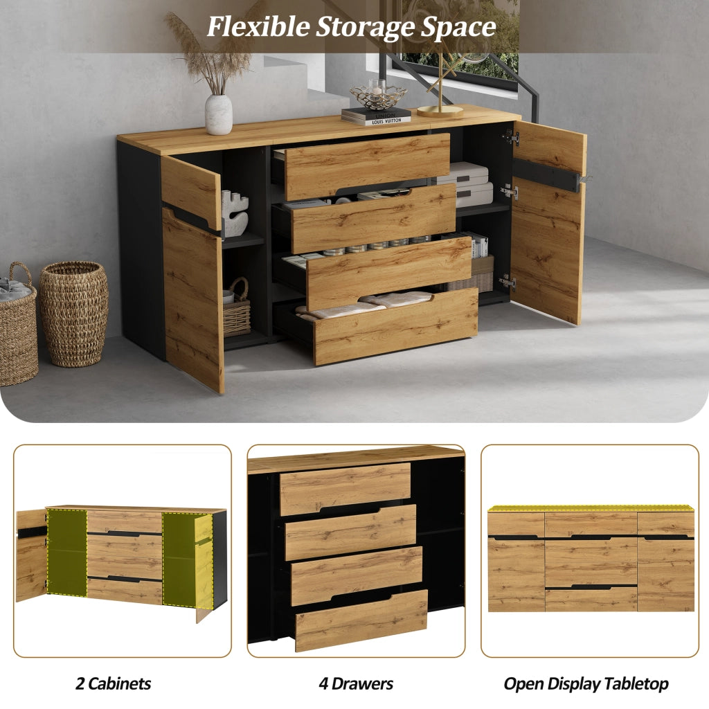 Credenza e madia con 2 ante e 4 cassetti, per soggiorno, in truciolato, color legno e nero, 160 × 40 × 80 cm