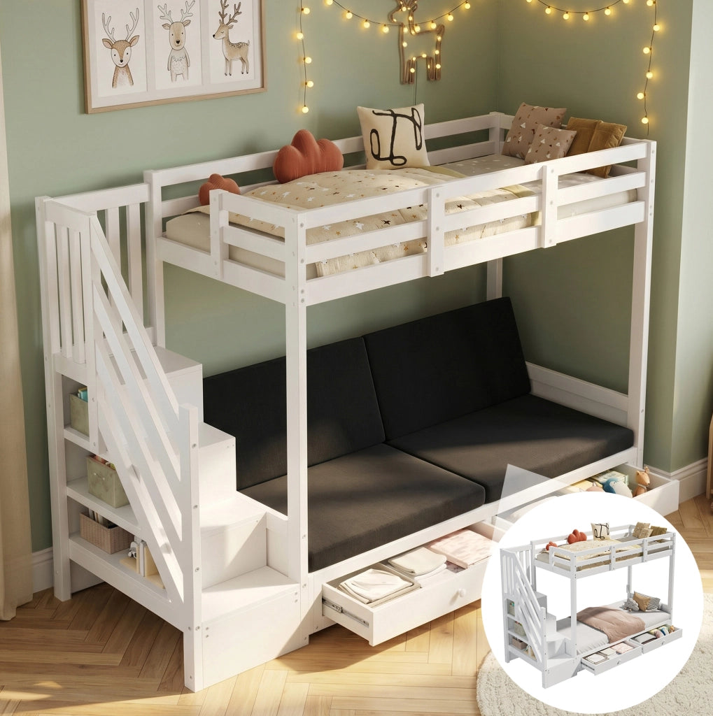 Letto a soppalco per bambini 90x200 cm con divano, scale contenitore e 2 cassetti bianco