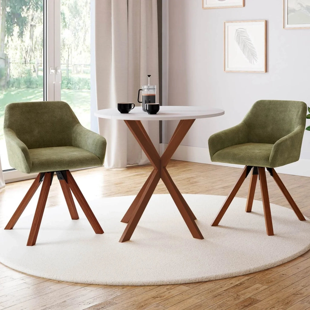 IDMarket - Set di 2 poltrone girevoli per sala da pranzo e tavolo JANY in tessuto di ciniglia verde con gambe in noce