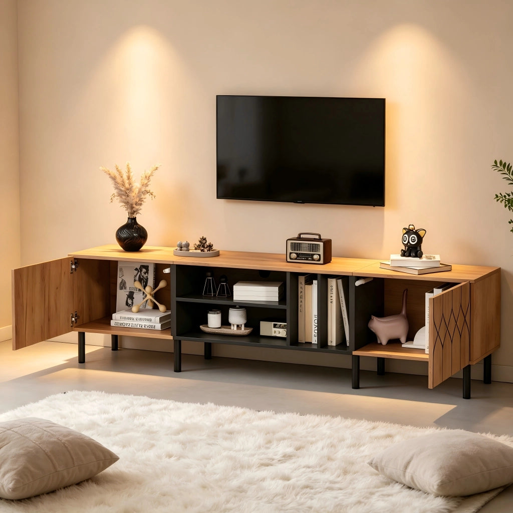 Mobile TV con 2 ante e 4 vani; passacavi - per soggiorno - 180×40×50 cm - in MDF e truciolare - nero