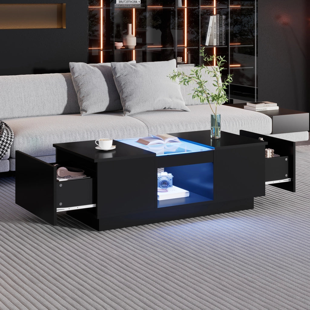 TAVOLO BASSO 100x50x35,5 cm Nero con LED, 2 cassetti e 1 vano aperto