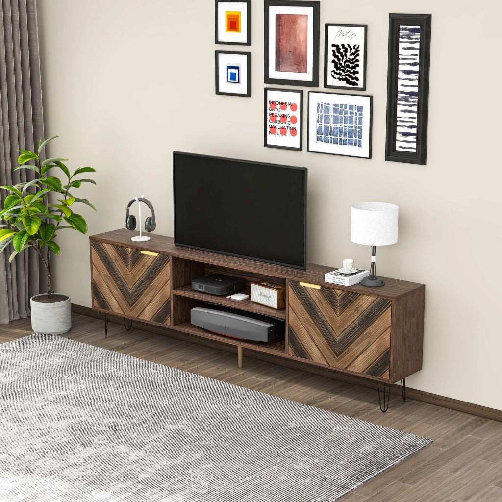OKWISH Mobile TV con 2 Ante e 2 Vani, Maniglie Dorate e Gambe in Ferro, Naturale, 155×38×48 cm