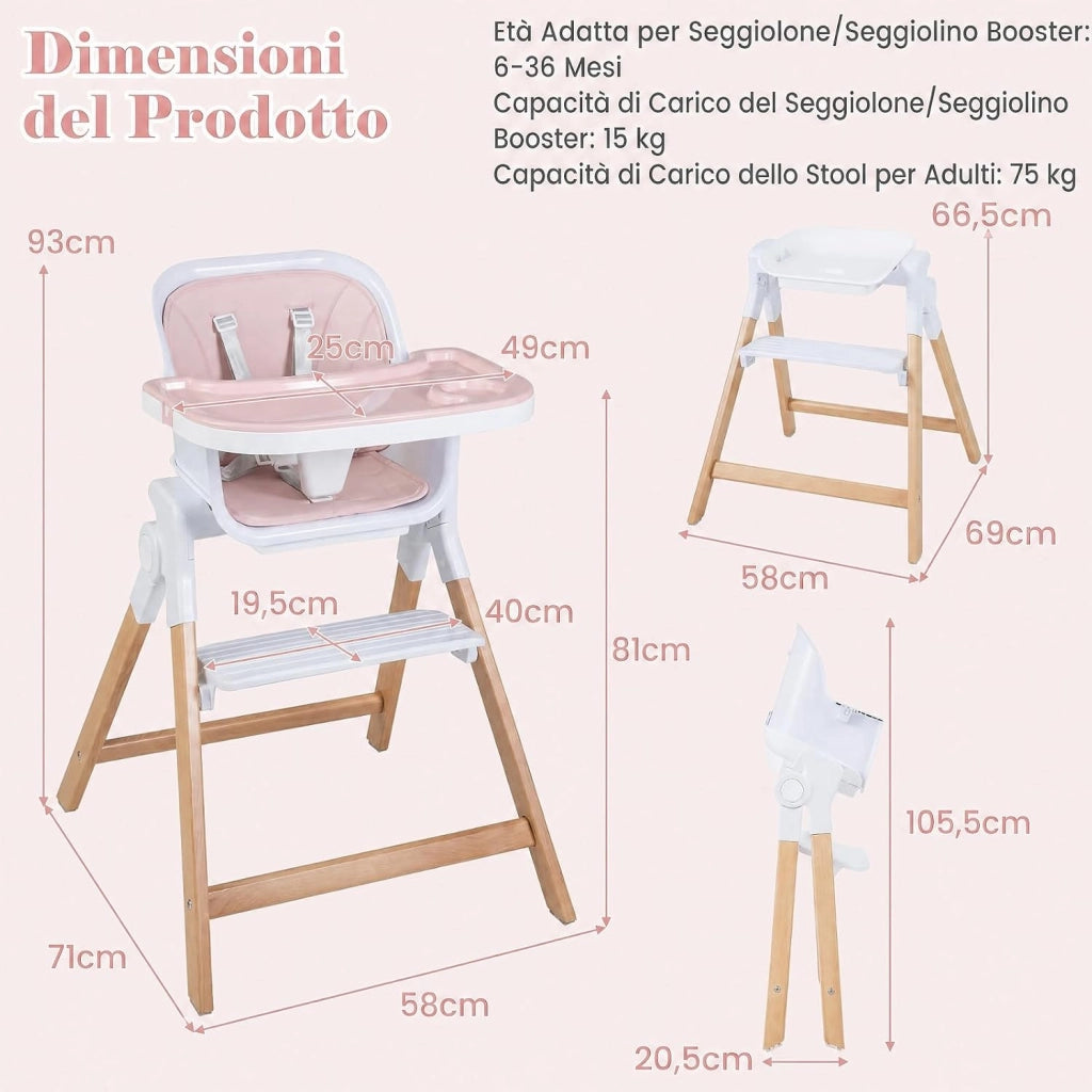 Seggiolone Pappa Pieghevole 4 in 1 con Cuscino di Seduta (Rosa) | Seggiolone per Neonati 6-36 Mesi con Vassoi Rimovibili, Portabicchieri, Cintura di Sicurezza e Gambe in Legno