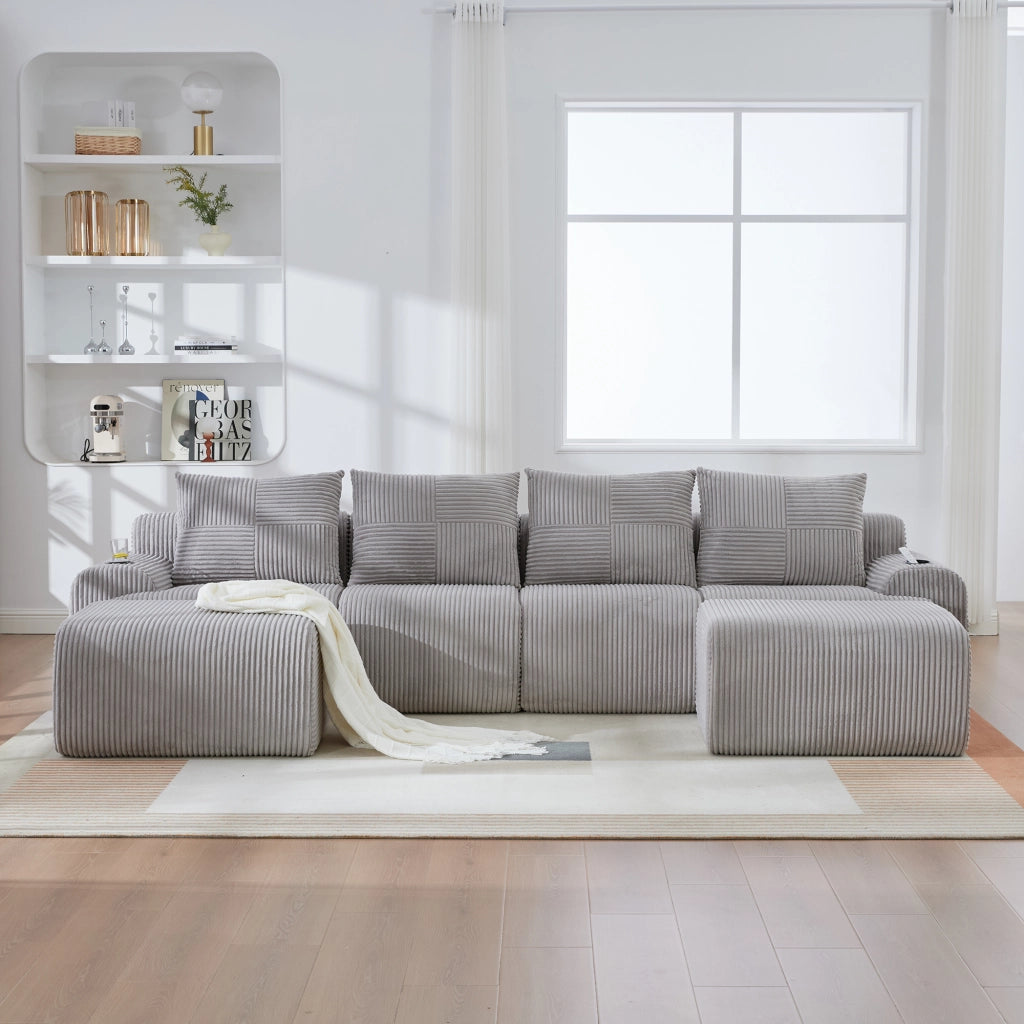 DIVANO modulare 4 posti 333x174x80 cm in corduroy grigio chiaro