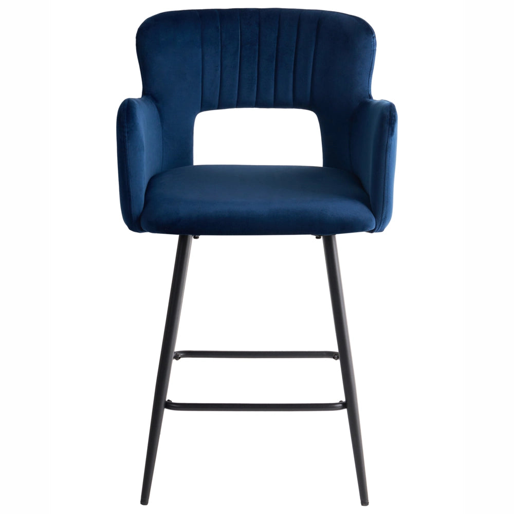 Set di 2 sgabelli da bar velluto blu marino braccioli schienale intagliato gambe in metallo moderna industriale
