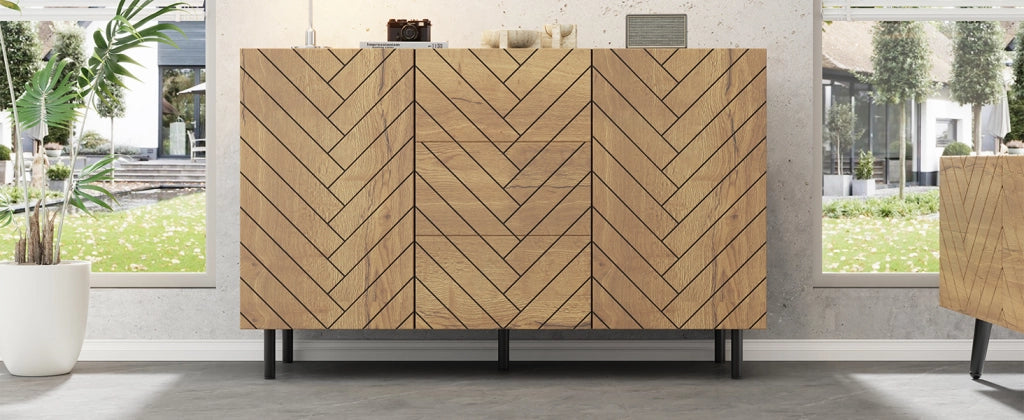 Credenza con 3 cassetti e 2 ante, in truciolato, effetto legno e telaio nero, per soggiorno, 120 × 40 × 76 cm