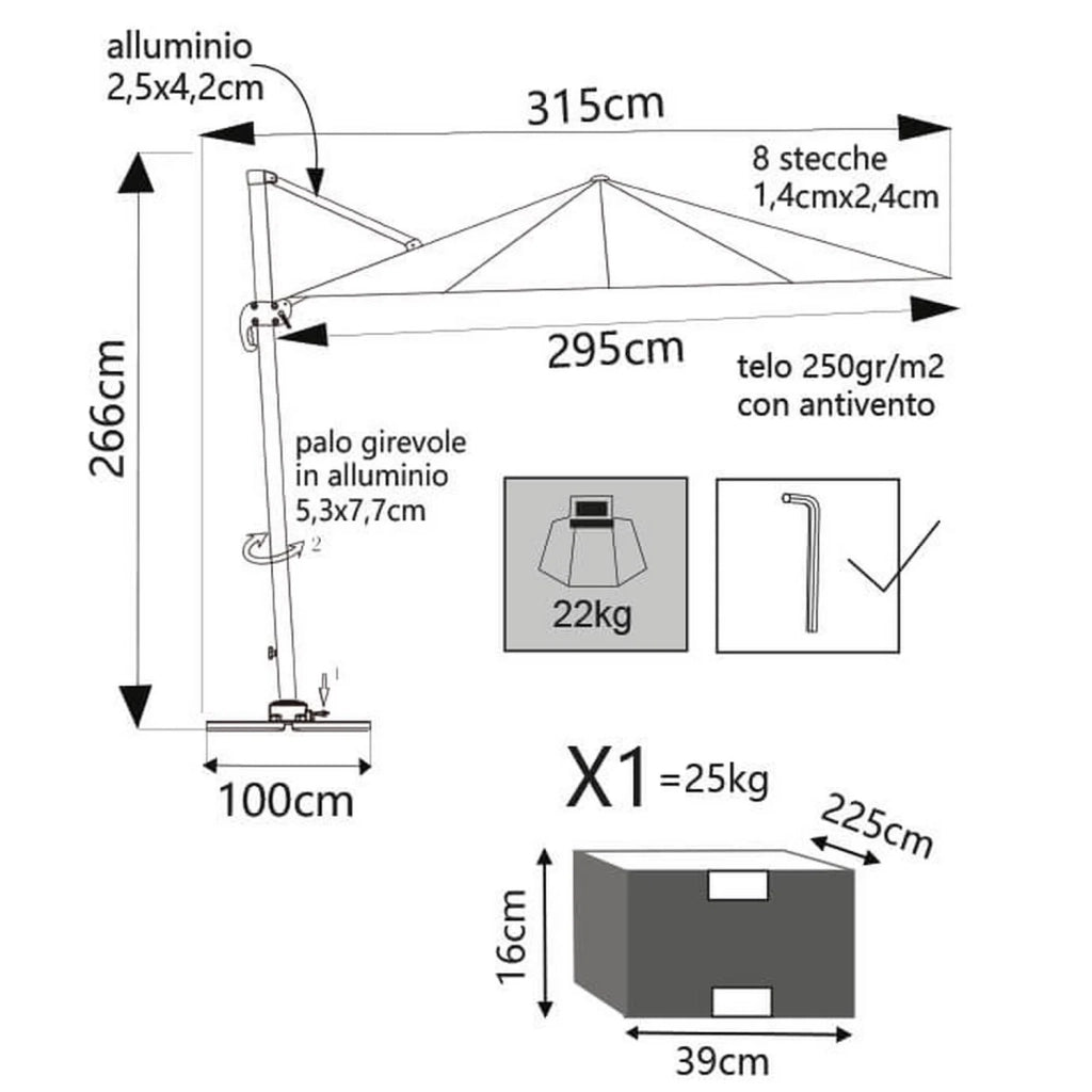 Ombrellone da giardino 3x3 in alluminio con telo in poliestere Tortora palo Taupe antivento mod. Saturno
