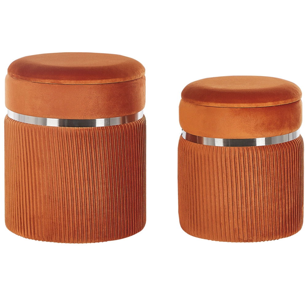 Set di 2 pouf Velluto arancione Fasce metalliche Glamour Contenitori interni Soggiorno Camera da letto