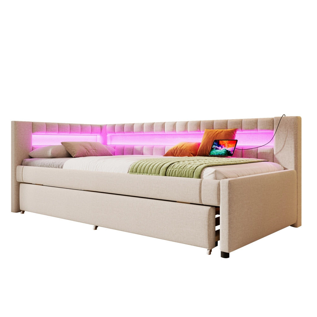 Daybed con letto estraibile, LED e USB-C, 90x200 cm, lino beige