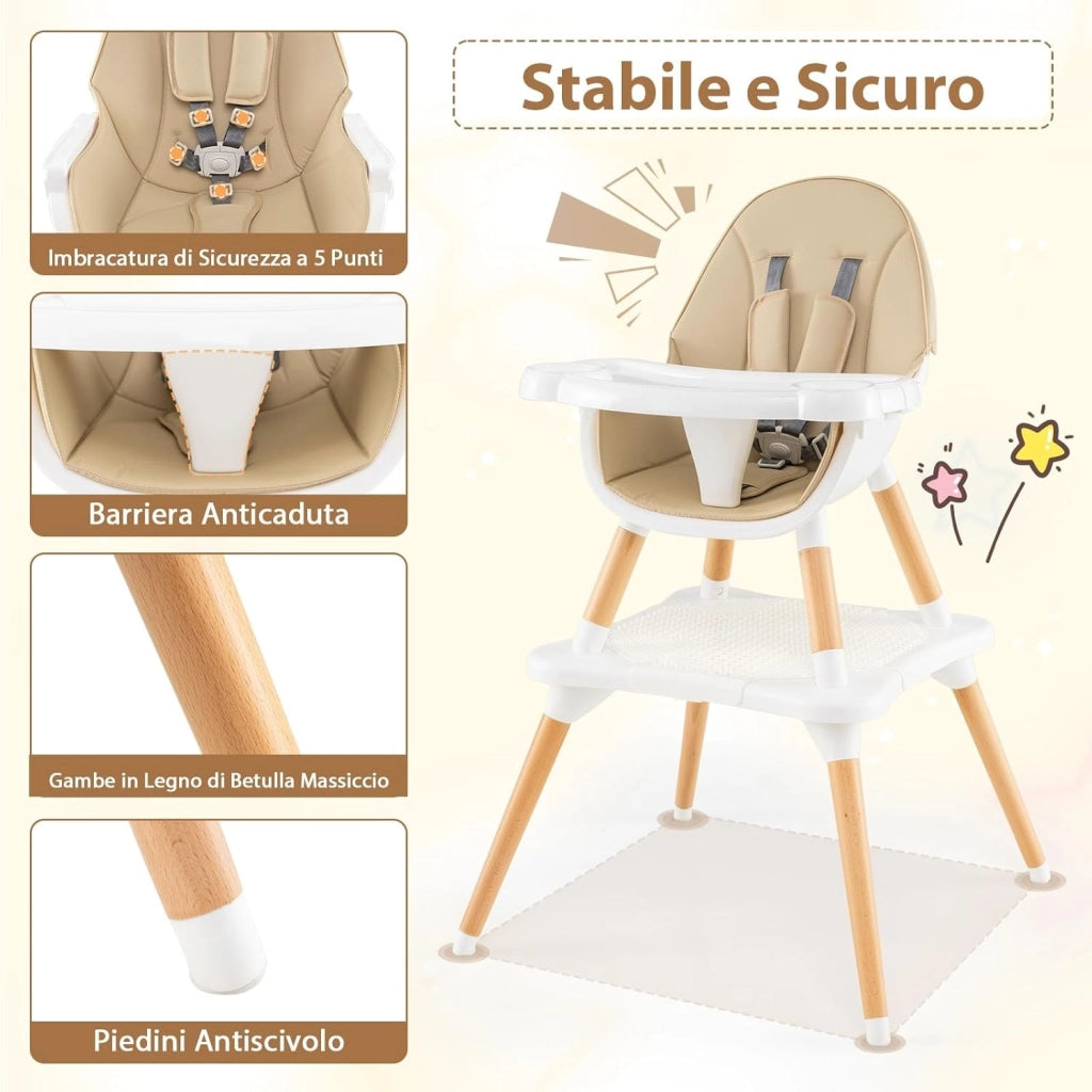 6-in-1 Seggiolone per Neonati, Seggiolone Prima Pappa, Tavolo e Sedia Convertibile per Bambini, Imbracatura di Sicurezza, Vassoio Rimovibile, per Bambini 6-36 Mesi (Beige+Bianco)