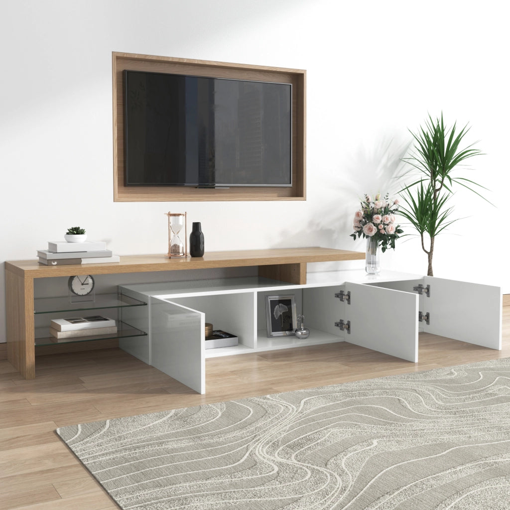 Mobile TV 197.5x39x42 cm; 3 vani con ripiani in vetro e LED a 7 colori; MDF e vetro; colore naturale e bianco