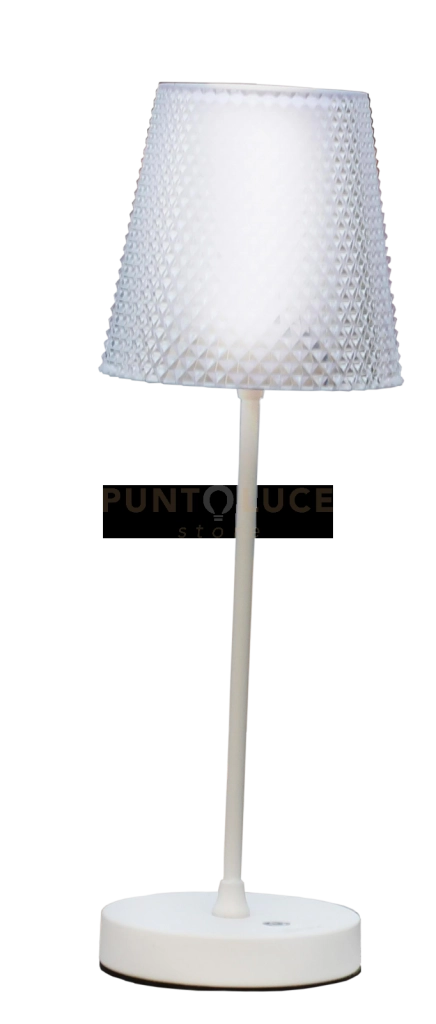 LA ANGINA-A B Lampada da tavola paralume acrilico lavorato ricaricabile bianco opaco 7W 3600K, dimmerabile 30-60-100%, lumen 630
