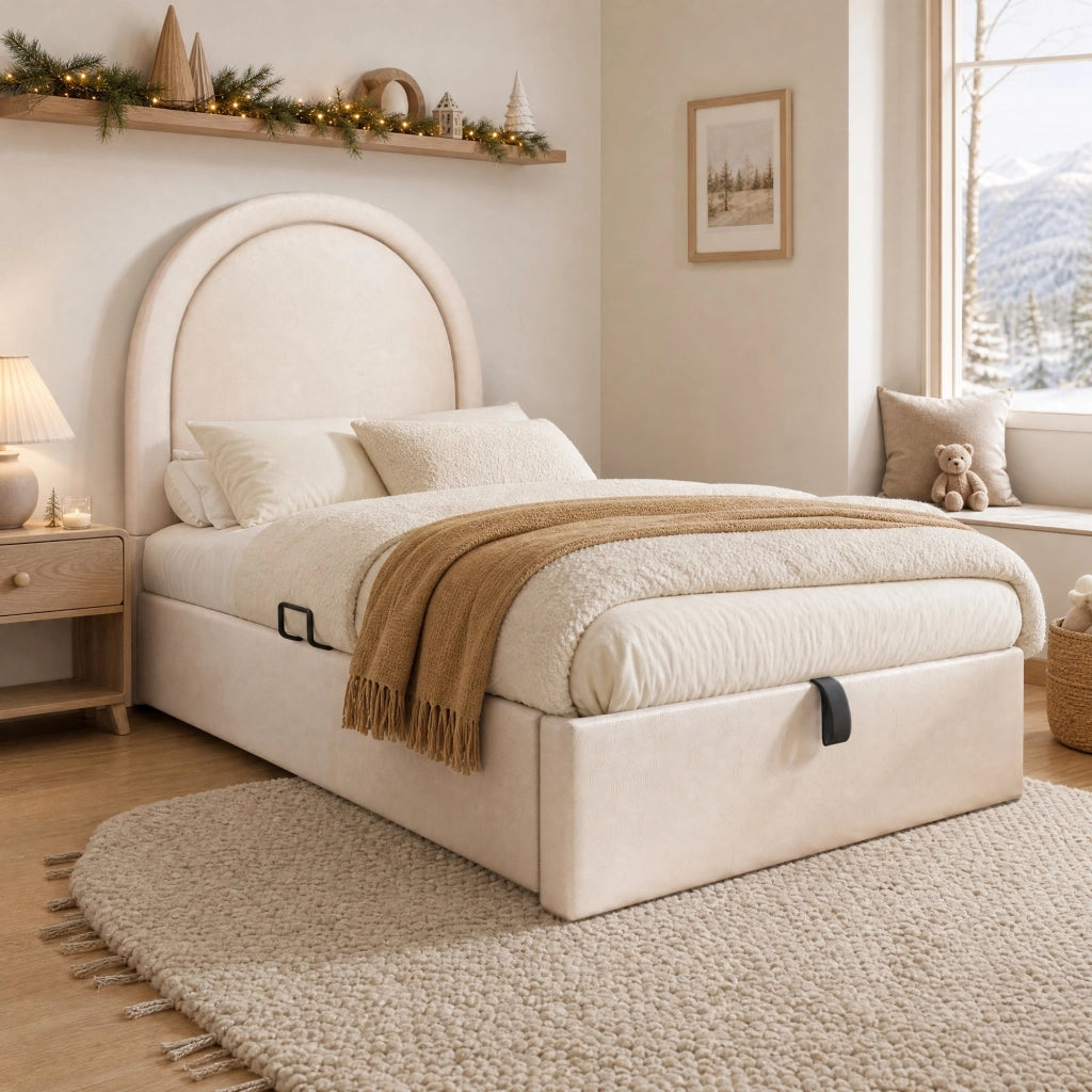 Letto imbottito per bambini 90x190 cm con contenitore idraulico, beige