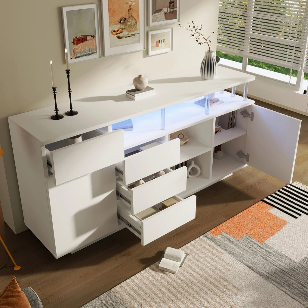 Credenza bianca 160x40x75 cm con LED, 4 cassetti, 2 ante e ripiani regolabili