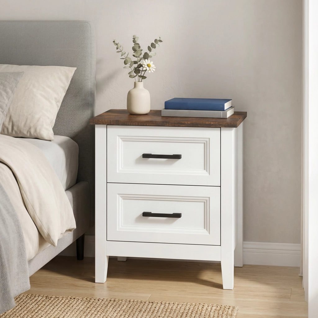Comodino con 2 cassetti ¨C zephmum ¨C effetto legno, bianco