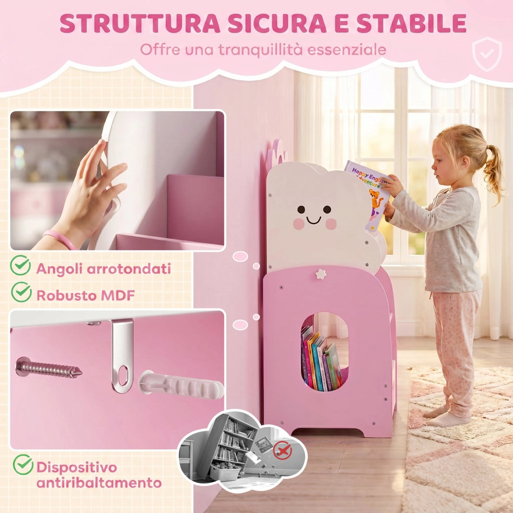 Mobile per Bambini 85,5x32x72 cm con Portariviste Libreria a 3 Livelli e Comodino in Legno Rosa e Bianco