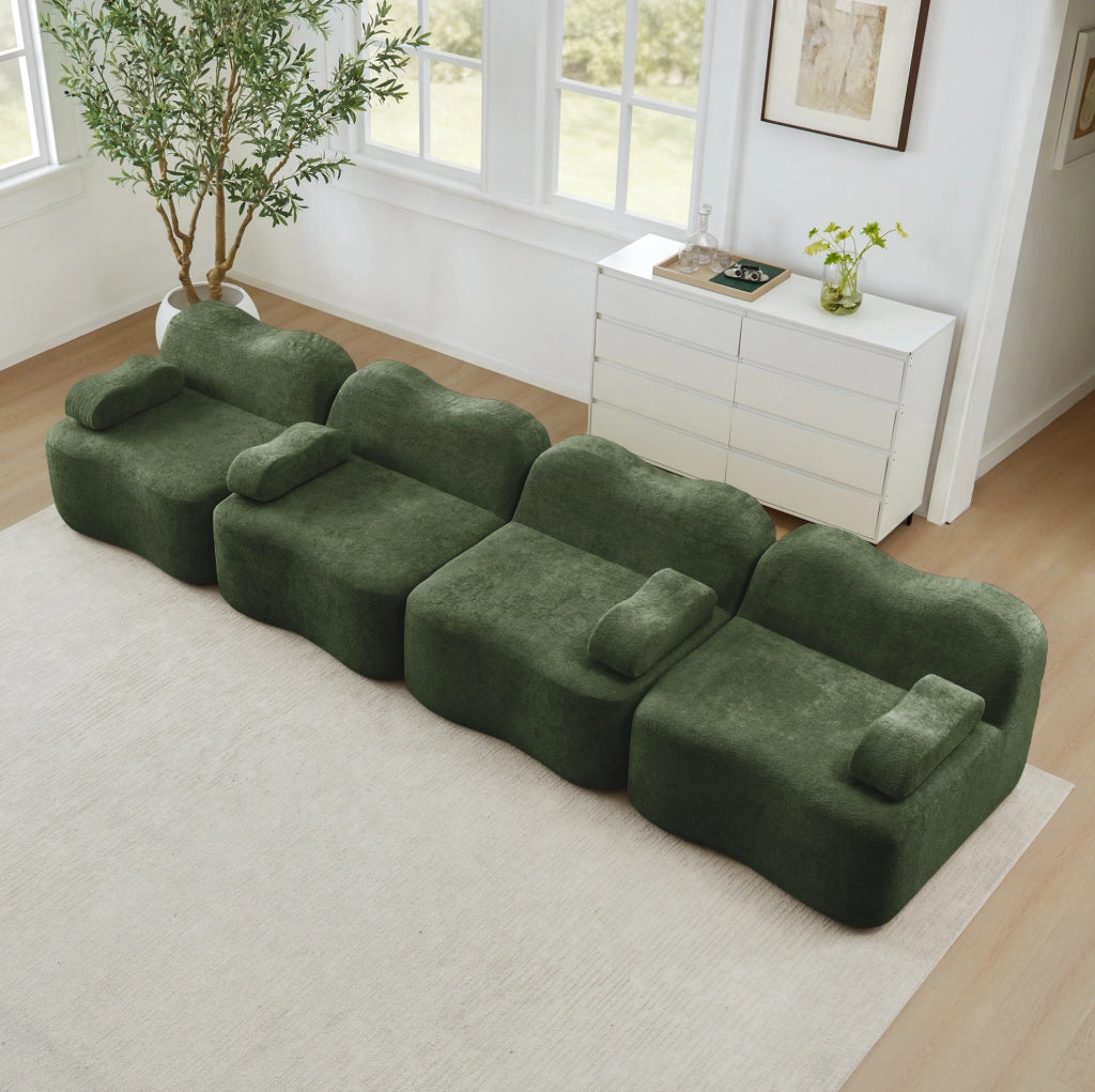 Divano modulare ad angolo in velluto verde 384x98x70 cm con seduta profonda e pouf collegabile