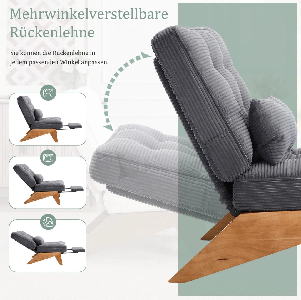 Poltrona lounge reclinabile con schienale regolabile; cuscino lombare; 127x73x90 cm; grigio scuro in corduroy