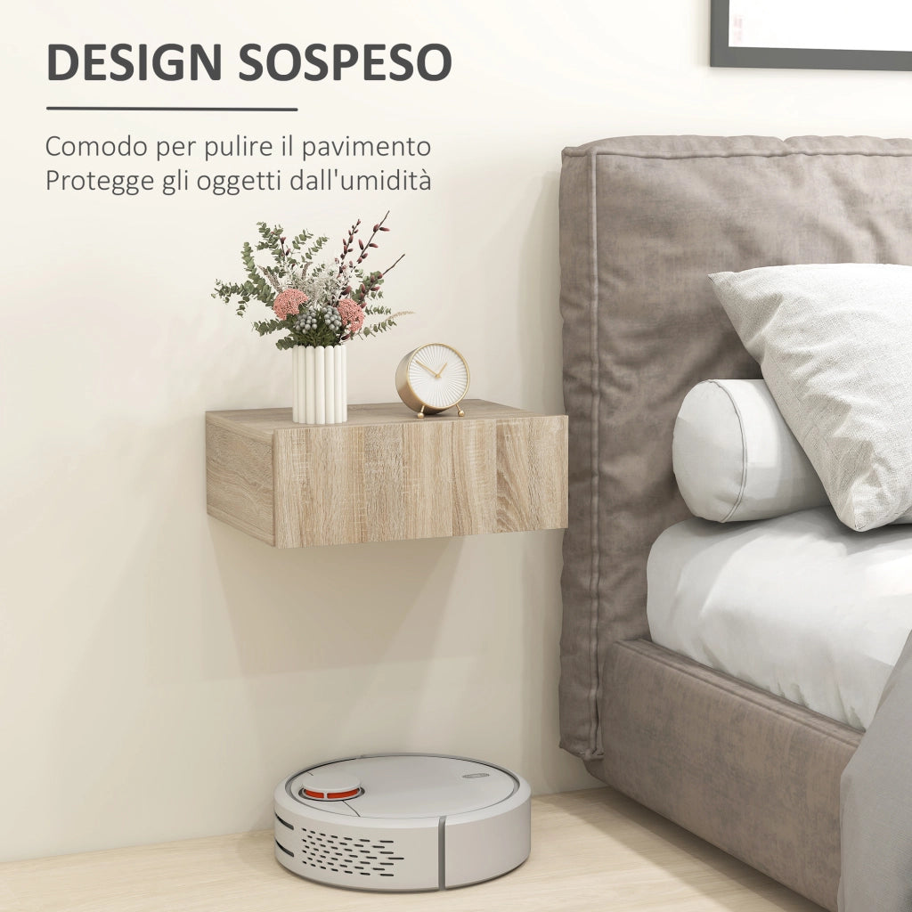 Set 2 Comodini Sospesi con Cassetti, Comodini Camera da Letto in Truciolato, Stile Moderno, 40x30x15 cm, Color Legno