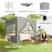 Gazebo da Giardino Pop Up con 2 Finestre e Gambe Regolabili, in Metallo e tessuto Oxford, 248x248x270 cm, Grigio
