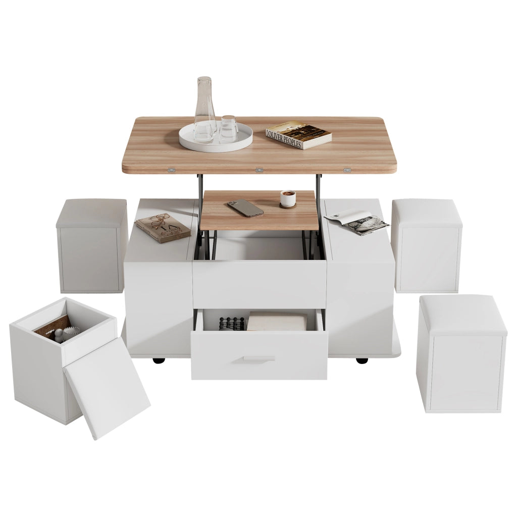 Tavolino da salotto sollevabile e allungabile con 4 sgabelli contenitore, bianco e effetto legno, 100x50 cm