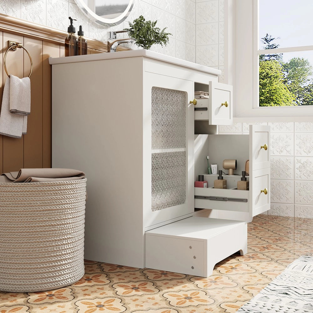 Mobile Bagno con Lavabo in Ceramica, LED e Ante a Specchio ¨C Xylo ¨C Bianco/Oro