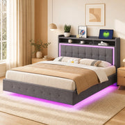 Letto imbottito matrimoniale 140x200 cm con USB e LED; grigio in tessuto effetto lino