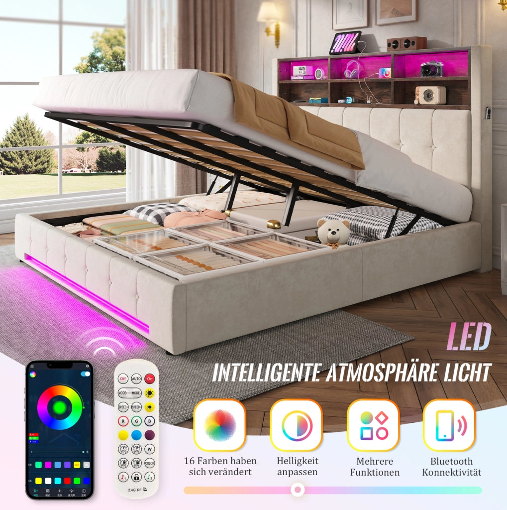 Letto contenitore 180x200 cm in velluto beige con LED e USB-C