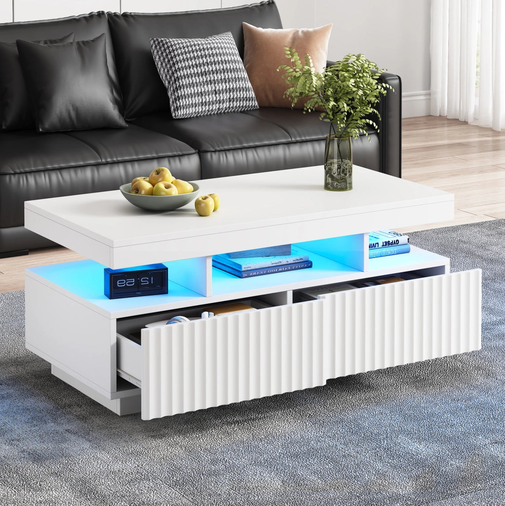 Tavolino da salotto 100 x 50 x 45 cm con 2 cassetti; LED controllato da app; bianco