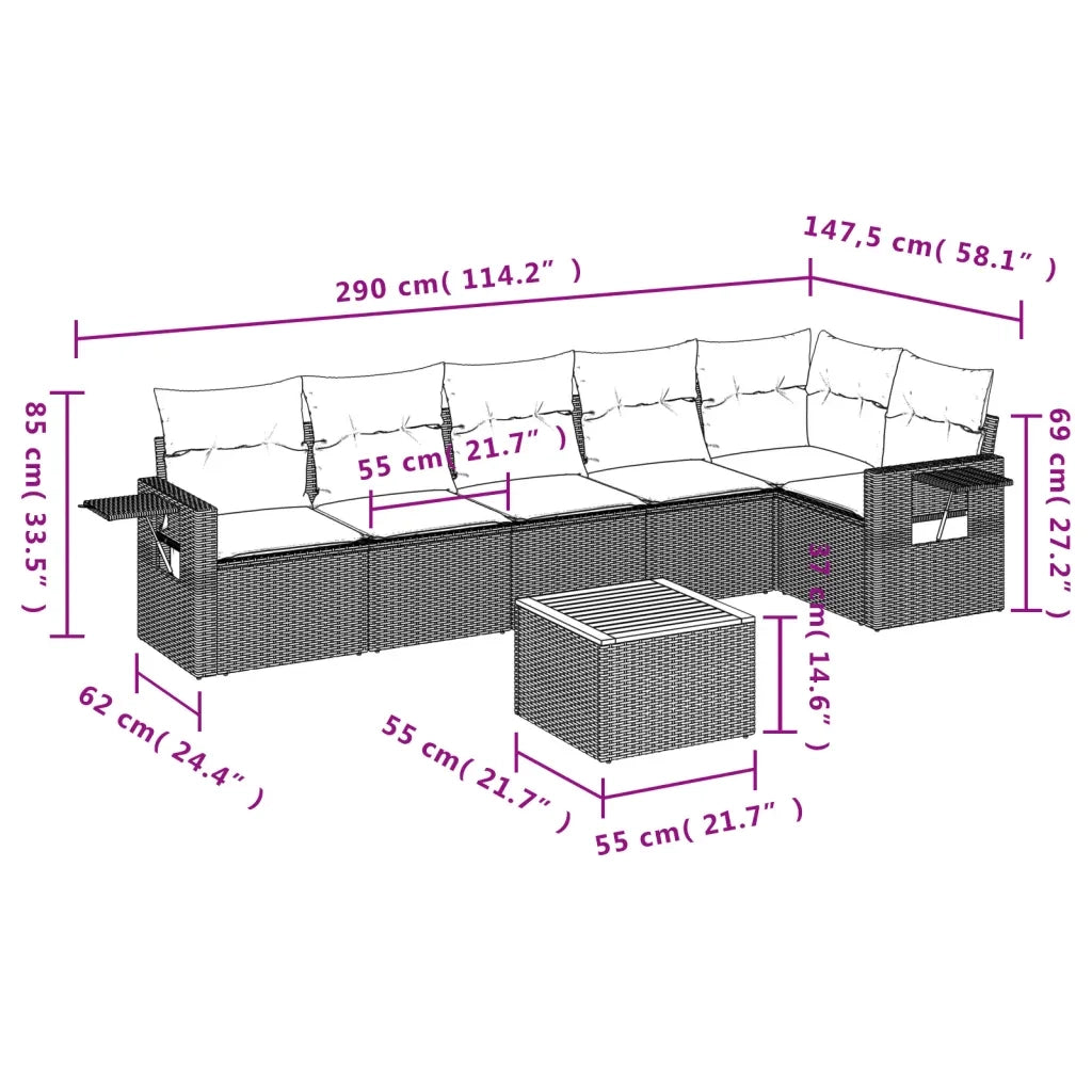 Set Divani da Giardino 7 pz con Cuscini Beige in Polyrattan