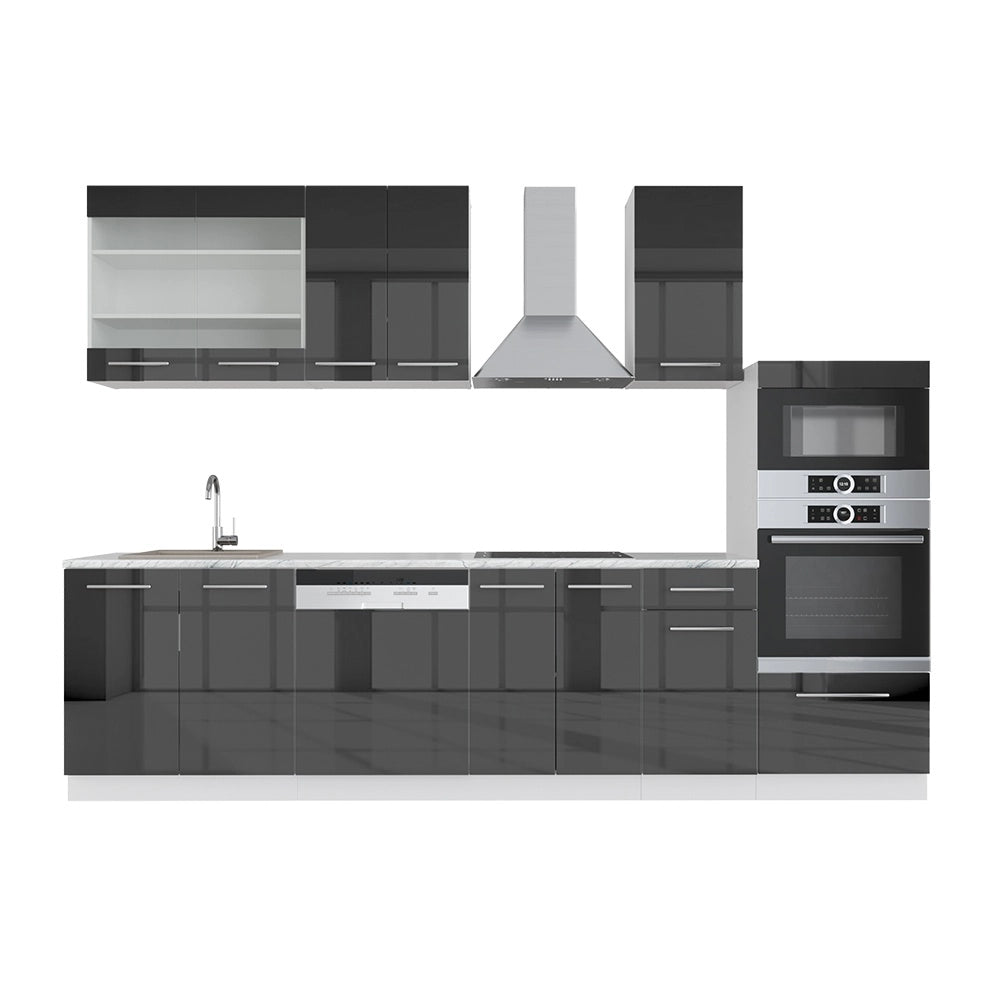 Cucina componibile Fame-Line Antracite lucido/Bianco 300 cm con armadio alto, PL Marmo Vicco