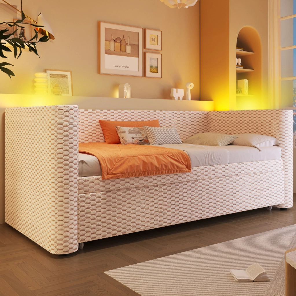 Divano Letto Multifunzionale 90x200 cm con LED e Struttura in Velluto Beige