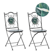 Set di 2 sedie da esterno in metallo pieghevoli con motivo a mosaico verde e struttura in ferro nero stile vintage