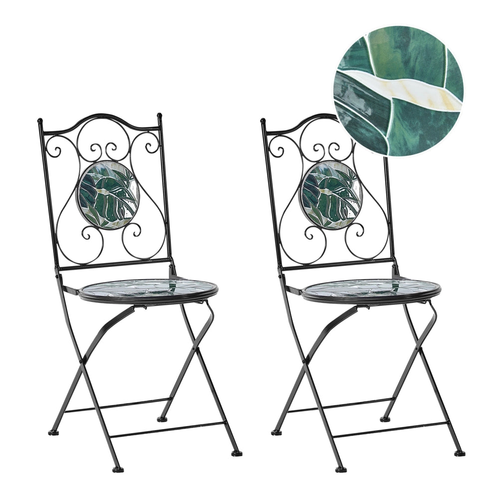Set di 2 sedie da esterno in metallo pieghevoli con motivo a mosaico verde e struttura in ferro nero stile vintage