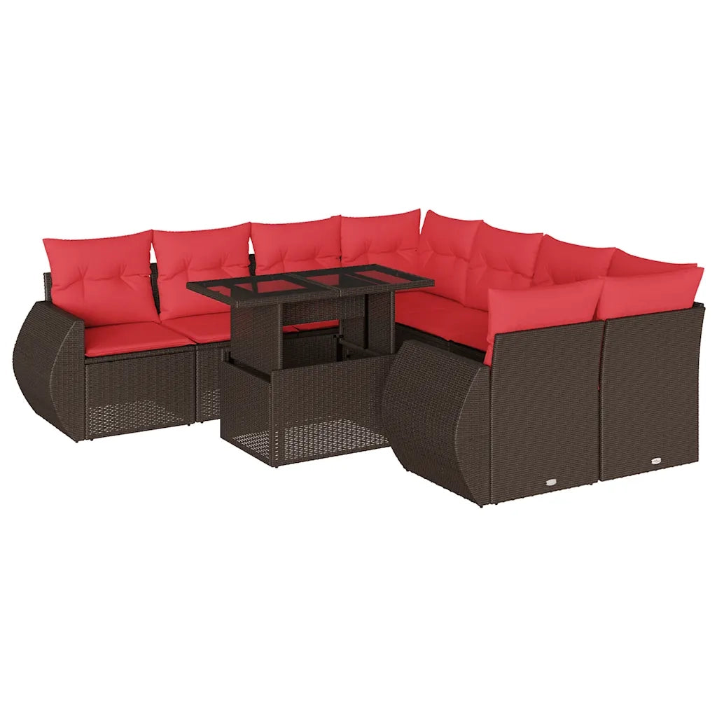 Set Divani da Giardino 9 pz con Cuscini Marrone in Polyrattan 3268434