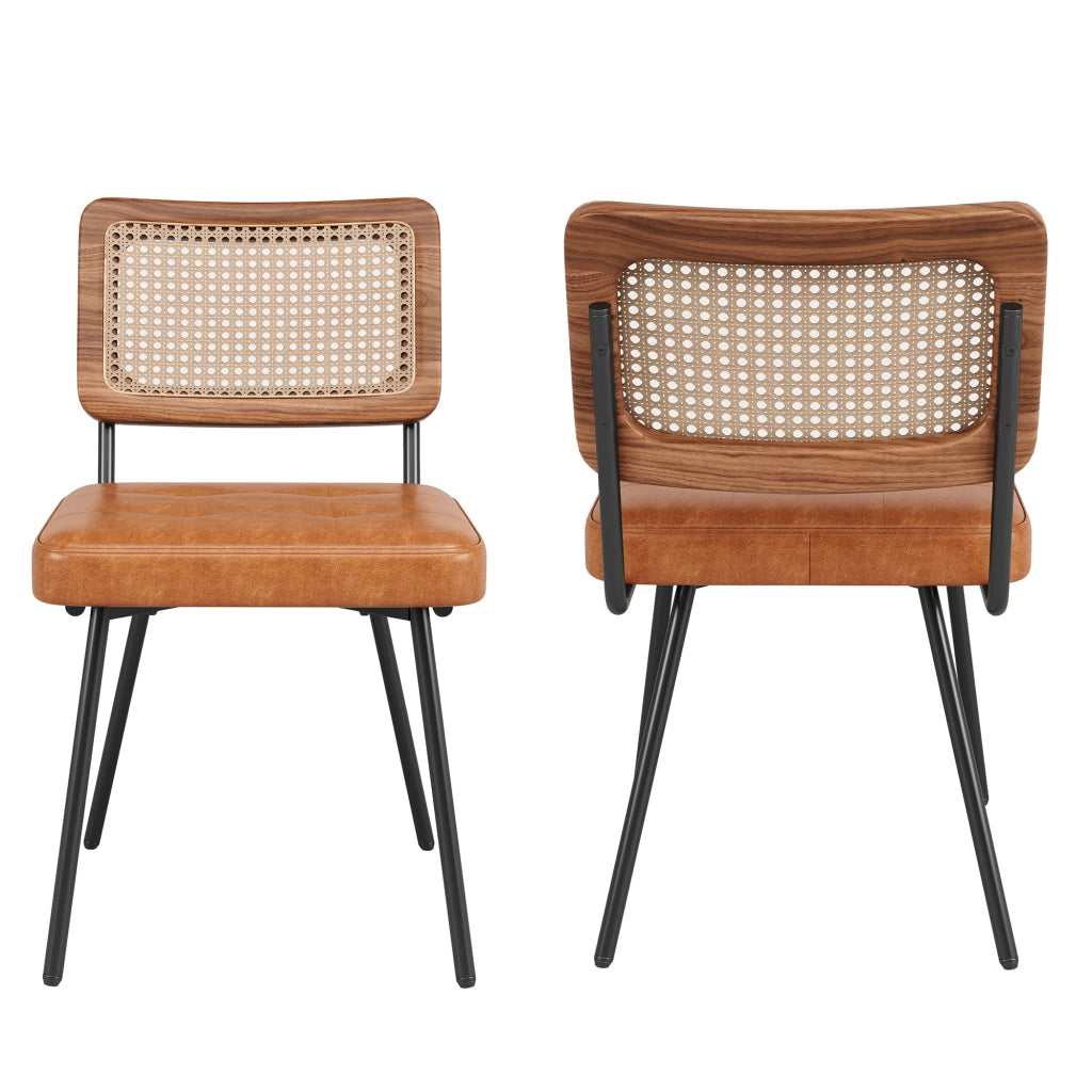 Sedia da pranzo in PU con schienale in rattan PE, seduta imbottita ed ergonomica, gambe in metallo marrone