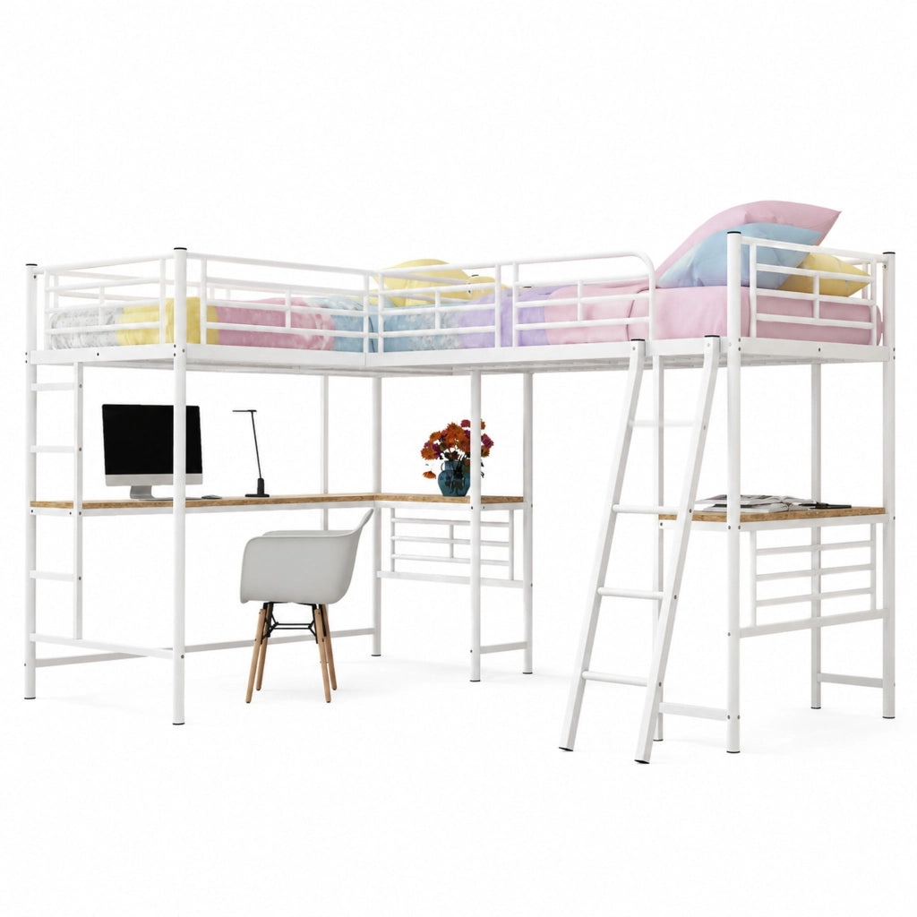 Letto a soppalco 90x200 cm con scrivania in metallo e MDF bianco