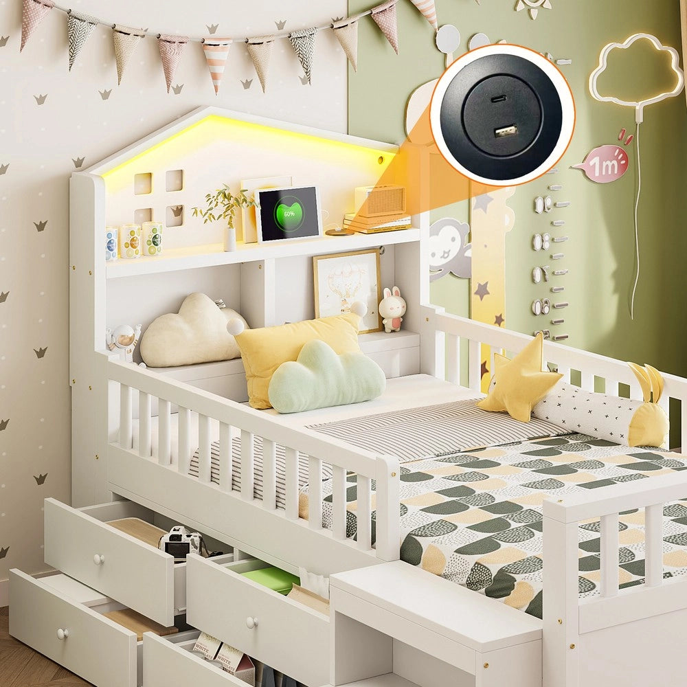 Letto Singolo per Bambini con LED, Cassetti e Rete a Doghe ¨C MINIMAL ¨C Bianco 90x200