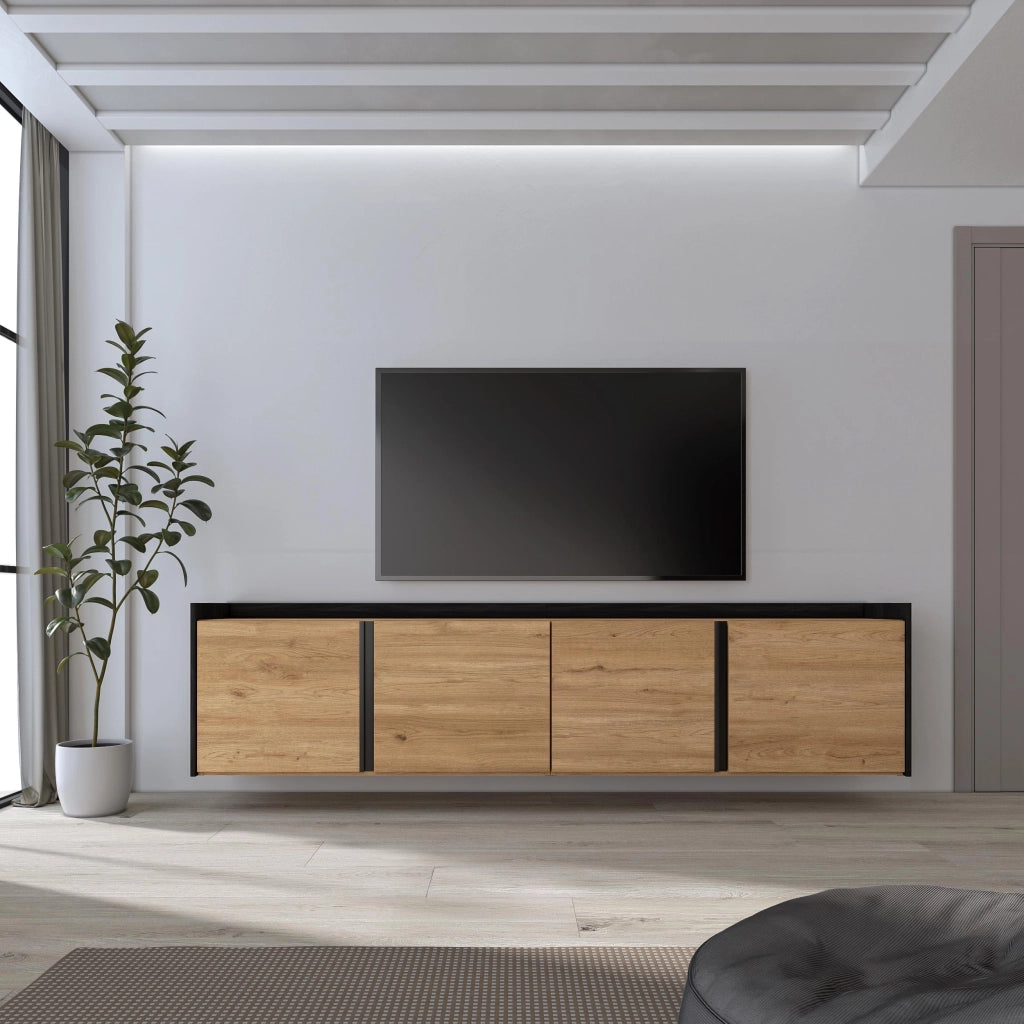 Mobile TV Soggiorno, 207x50x35 cm, Per TV fino a 80", Sospeso, da appendere, Rovere e nero