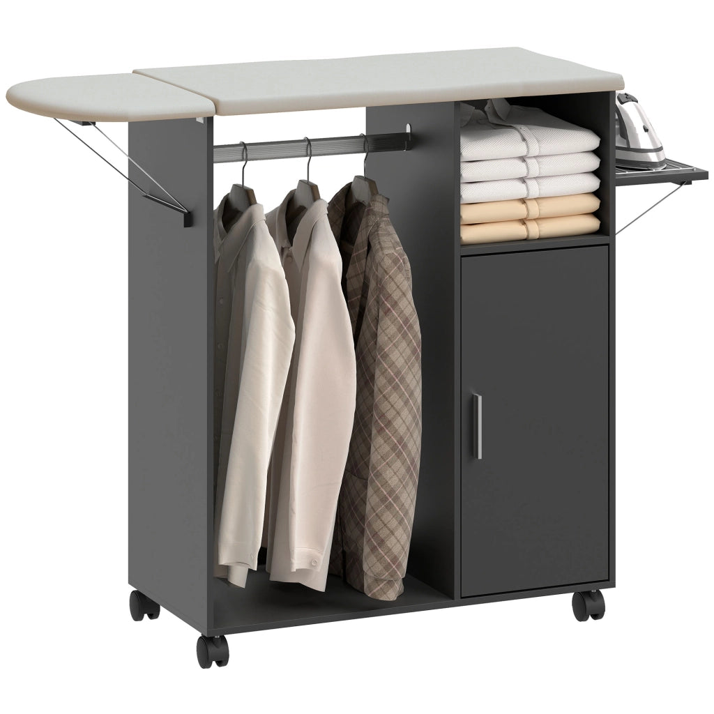 Mobile Asse da Stiro con Piano d'Appoggio Effetto Lino. 3 Ripiani a Cubo e Guida. 127x42.5x99 cm. Nero