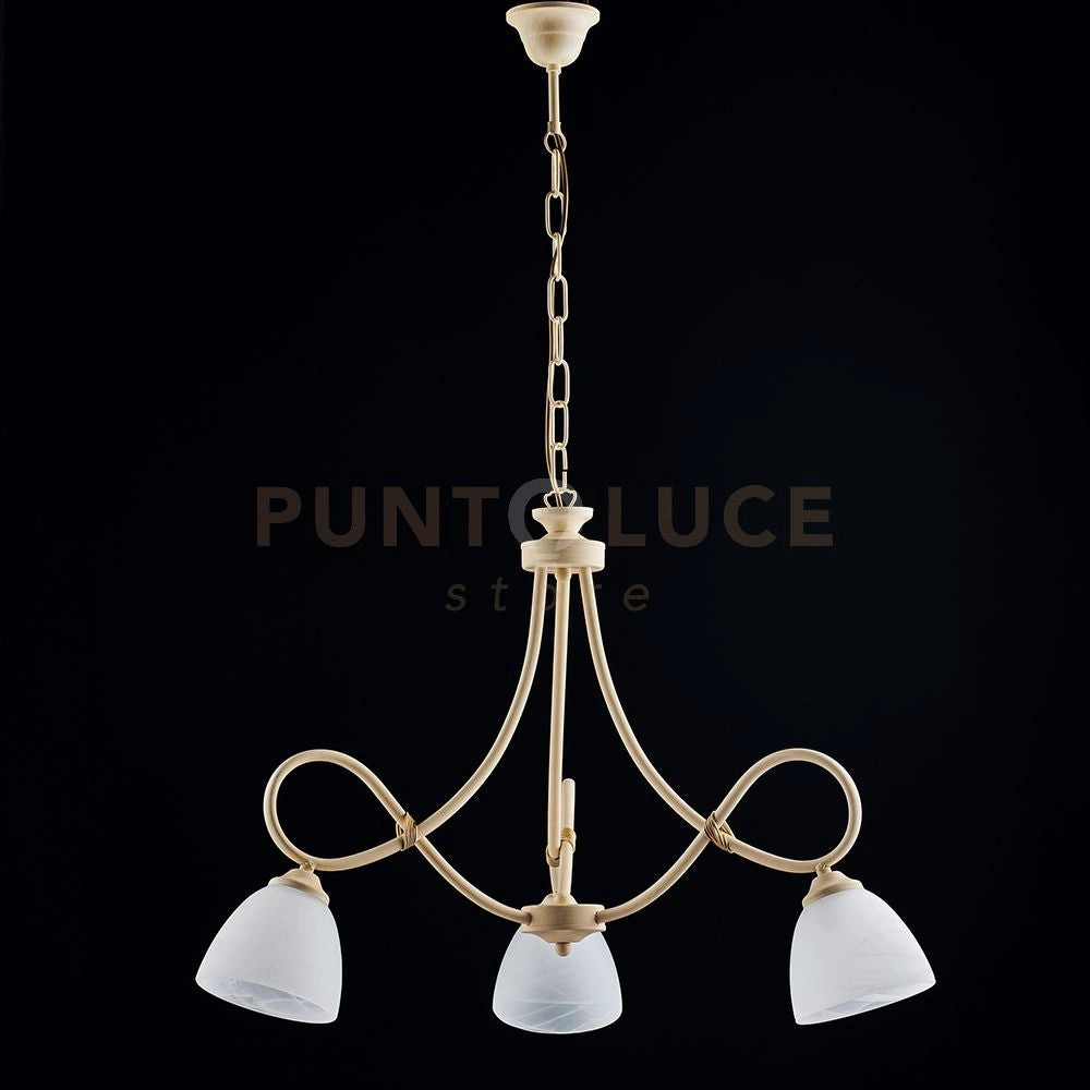Lampadario in ferro laccato avorio con decorazione effetto decapè e rifiniture in oro antico con diffusori in vetro diametro 13 alabastro bianchi 3 luci