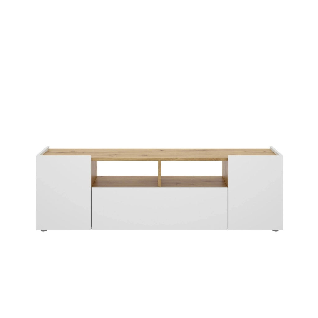 Mobile porta TV Vulcano, Credenza bassa da soggiorno, Madia da salotto per televisione, 142x35h44 cm, Bianco e Rovere Nodi