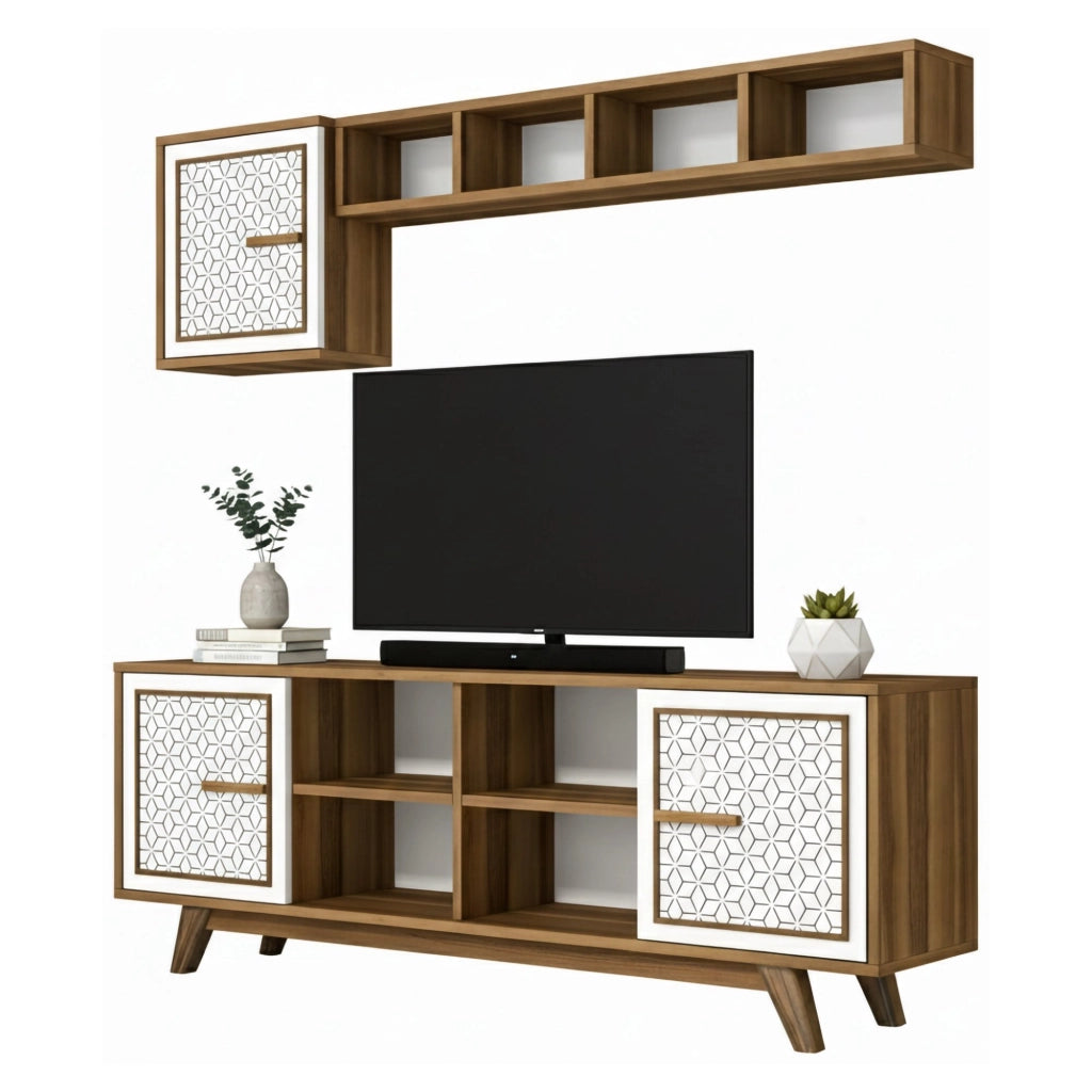 Mobile porta TV Guendalina, Credenza da soggiorno, Armadio basso per TV, Base parete attrezzata, 160x35h56 cm, Noce e Bianco