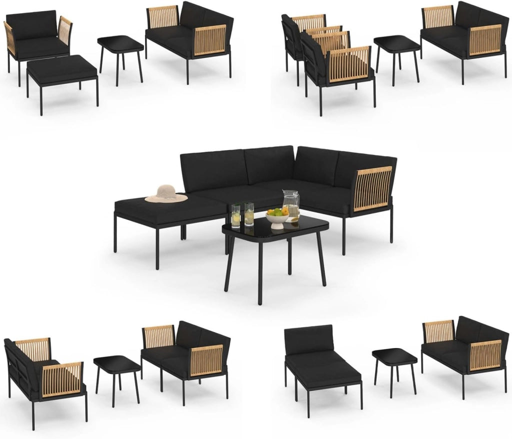 Set di mobili da Giardino modulari Bassi Rio 4 posti Struttura in Metallo Nero, cordame Effetto Rattan Chiaro con Cuscini Neri