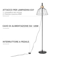 Lampada da Terra di Design Stile Industriale in Metallo e Rattan, Illuminazione Casa e Ufficio, 44x34x154cm, Nero
