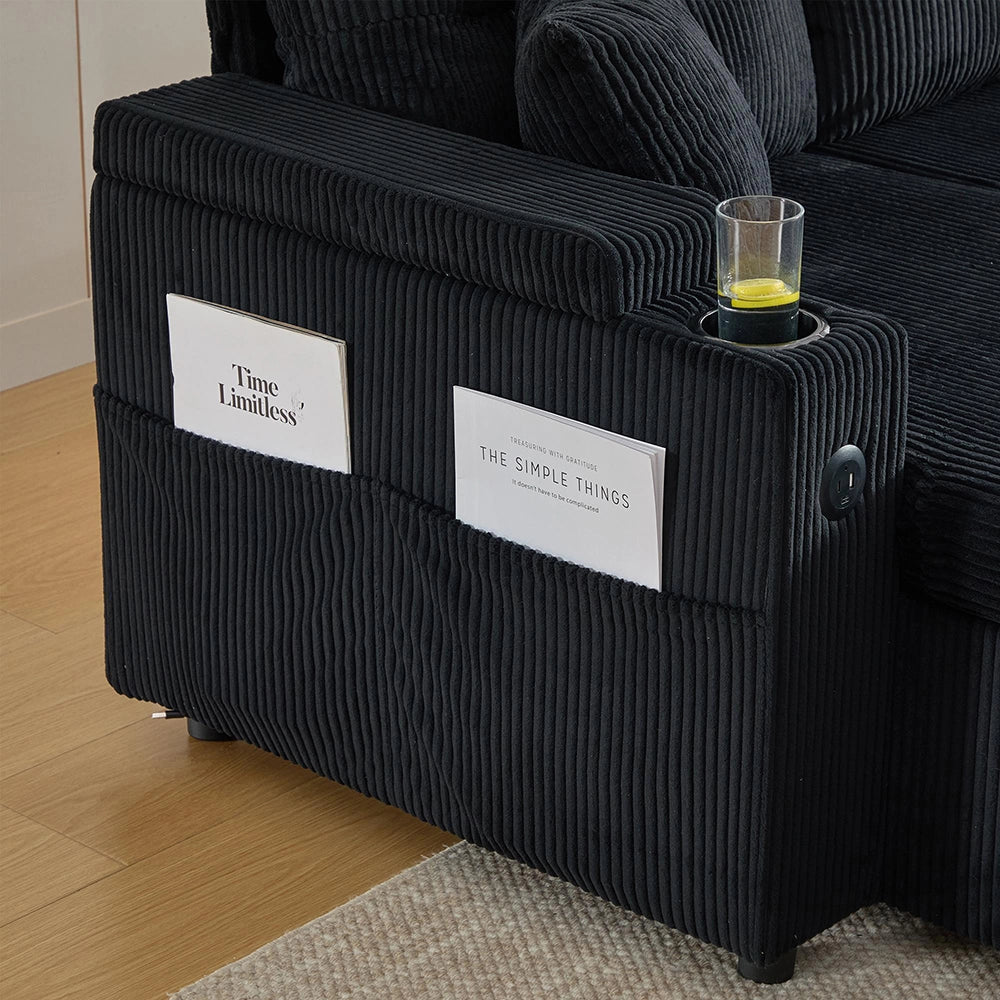 Divano moderno in velluto per 4 persone - Xylo - Chaise longue, spazio di archiviazione, porta bevande, porte USB, funzione letto, Nero