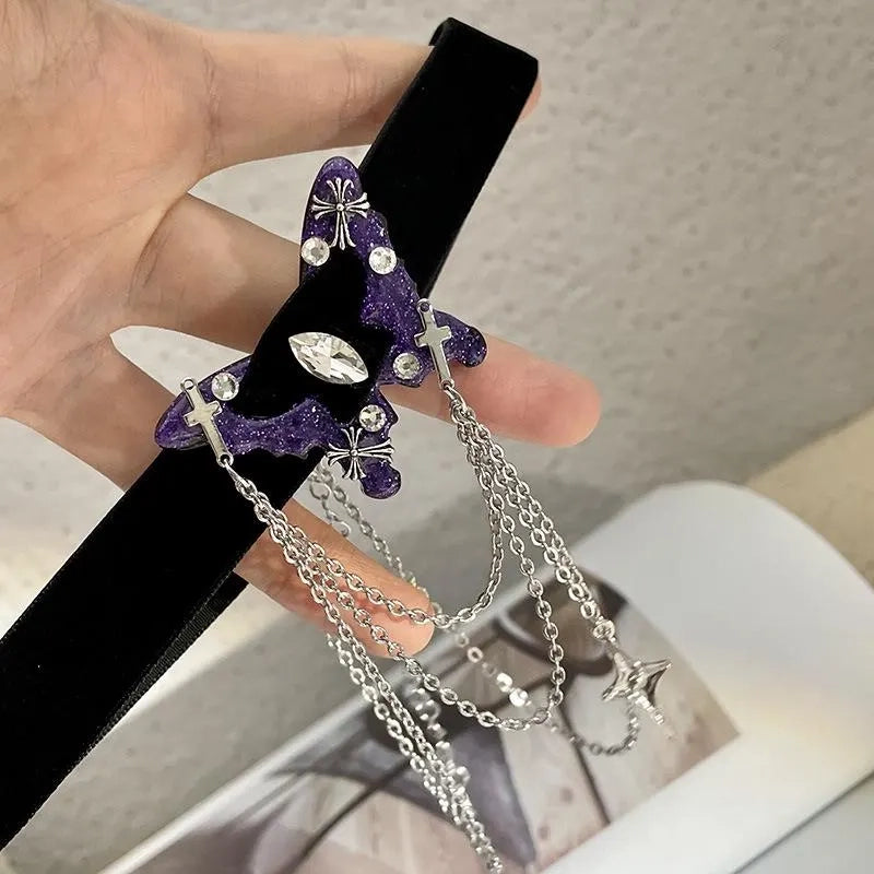 Collana con farfalla e diamante e nastro nero: gioiello con perline fatto a mano