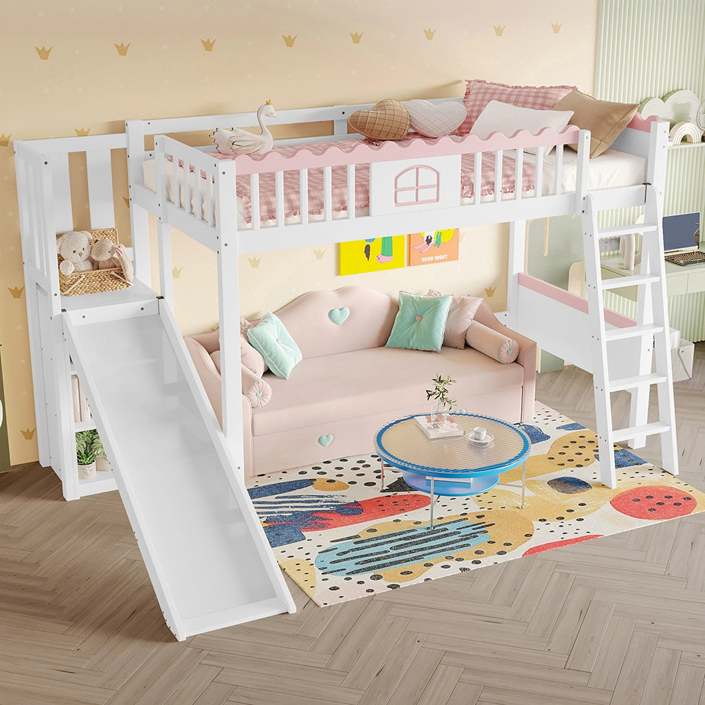 Letto a Soppalco Bambini con Scivolo – Xylo – 90x200cm, Pino, Luci LED, Scaffali, Cert. EN747, Bianco, Senza Materasso